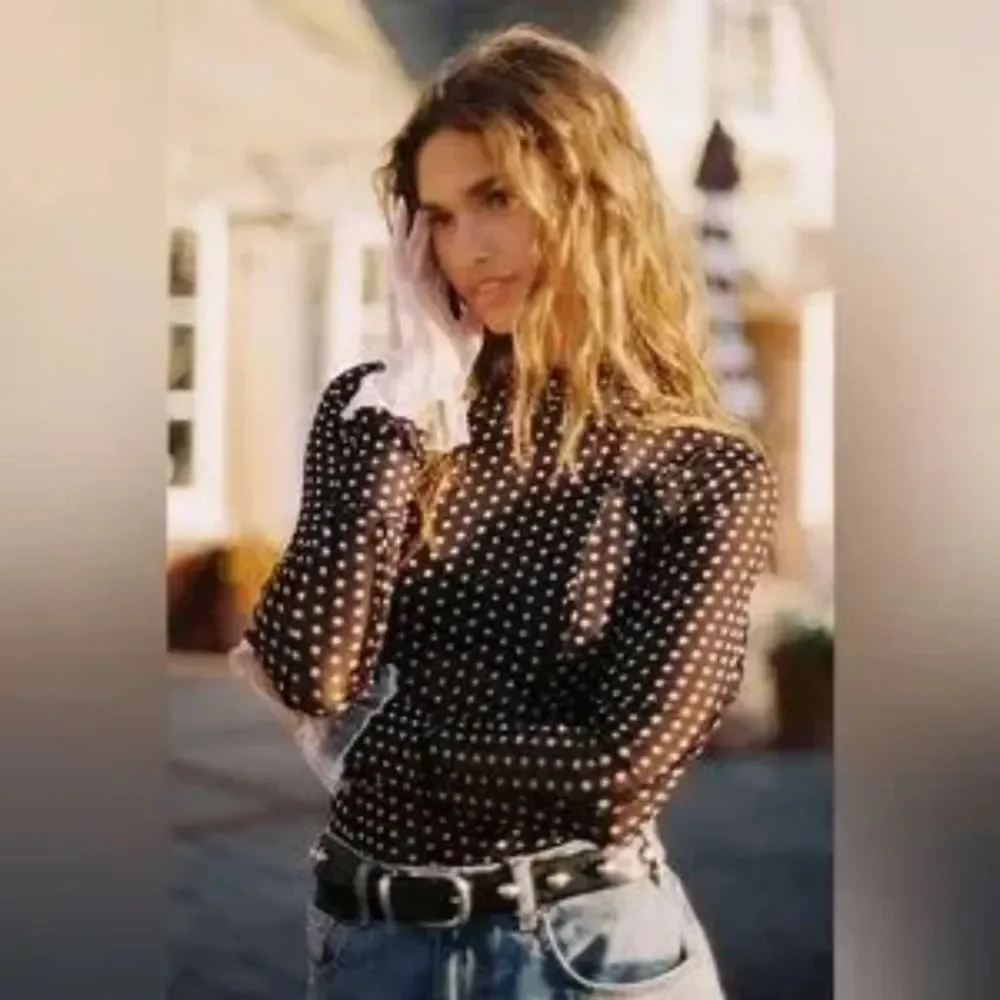 Free People Charlie Printed Mesh Layering Top Luna Dot Black White Small